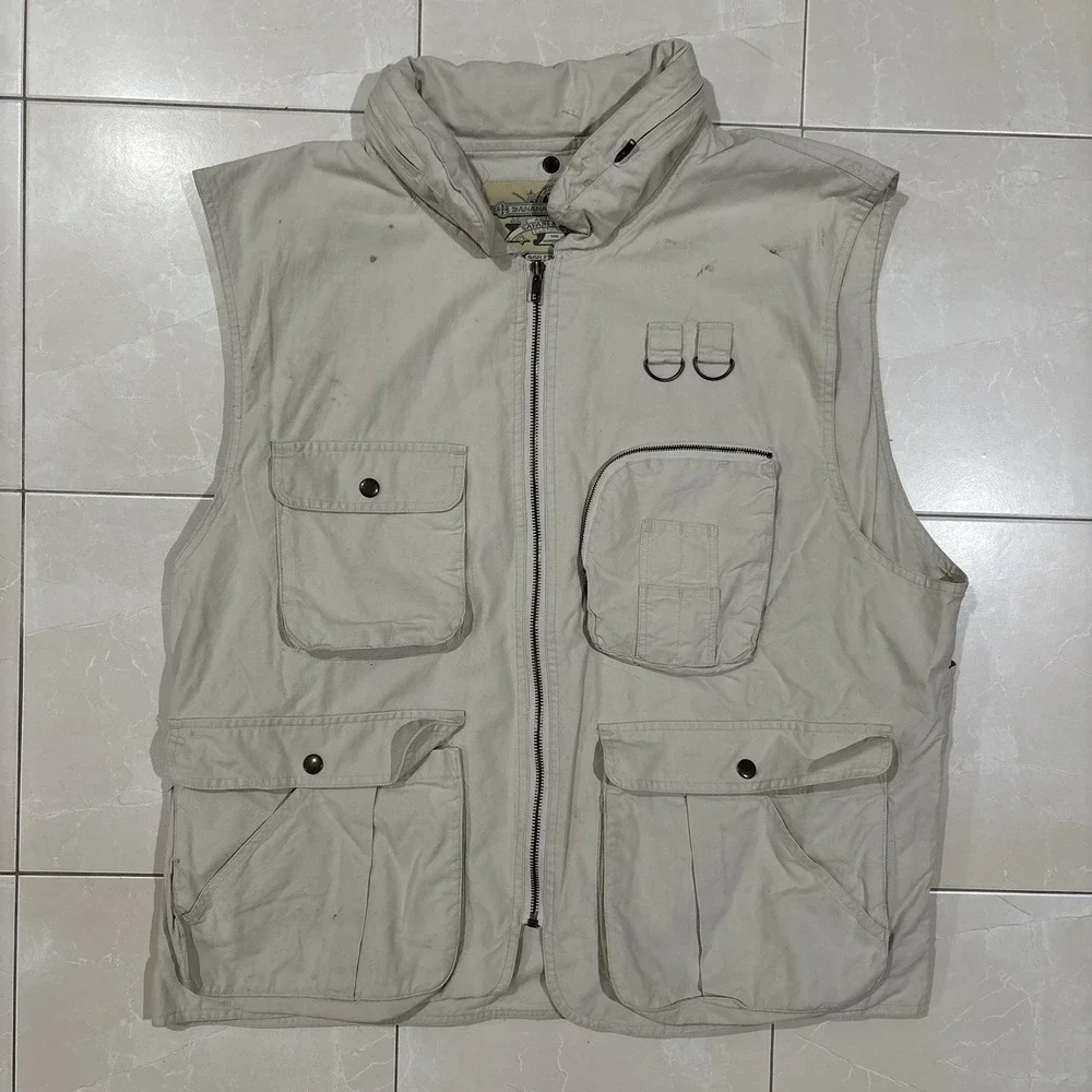 Vintage Banana Republic Vest Safari Photographer Stashable Hood XL Distressed